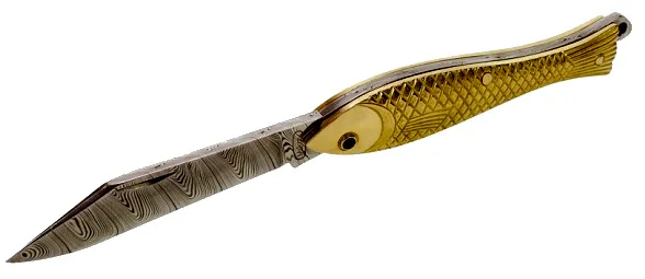 Levně Kapesní zavírací nůž RYBIČKA - zlatá investiční, damašek 130-DI-1 (750/1000)