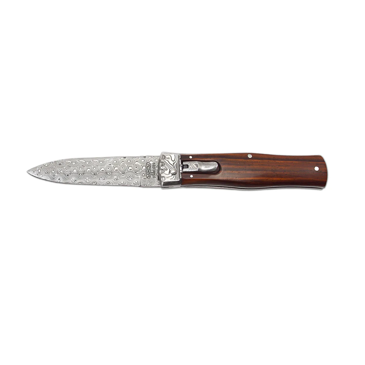 Levně Vyhazovací zavírací nůž PREDATOR JAGUAR – damašek, střenka dřevo 241-DD1 materiál držadla - střenky exotické dřevo - cocobolo